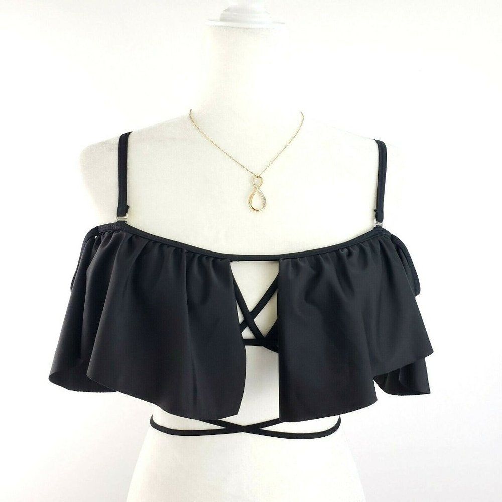 Black Strappy‎ Bikini Top Size S Wrap Around Tie Arm Cuff Sleeves Ruffle